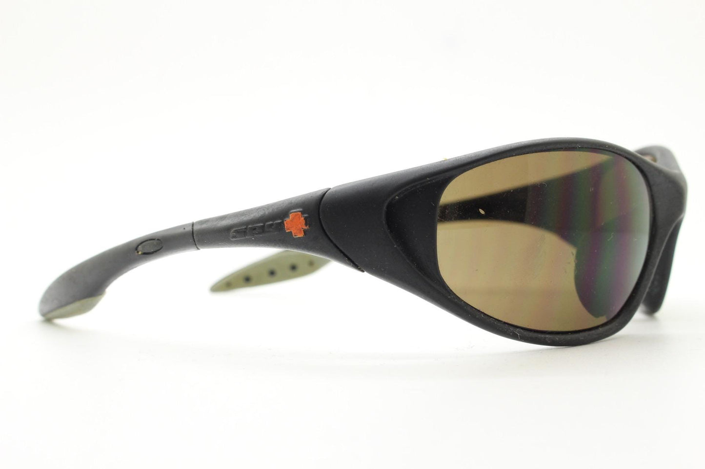 Y2K vintage sport shield aerodynamic sunglasses. All black rubber finish wraparound bug eye visor with brown lenses. 2000's. 90s