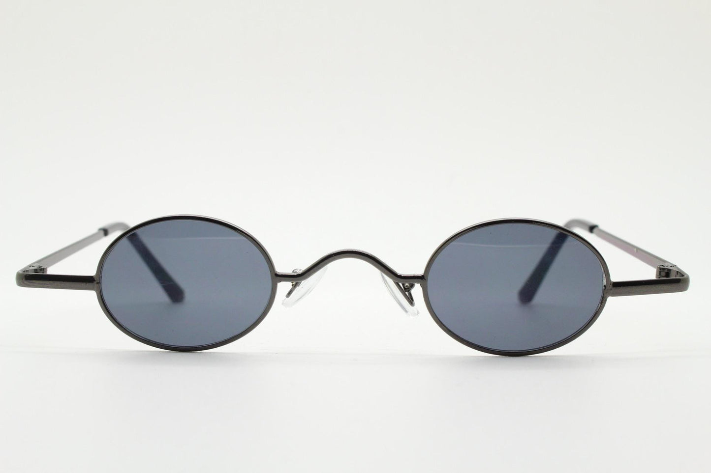 90s vintage small oval sunglasses. Imposing minimal grey gloss metal victorian antique style frame. Steampunk. Unused NOS