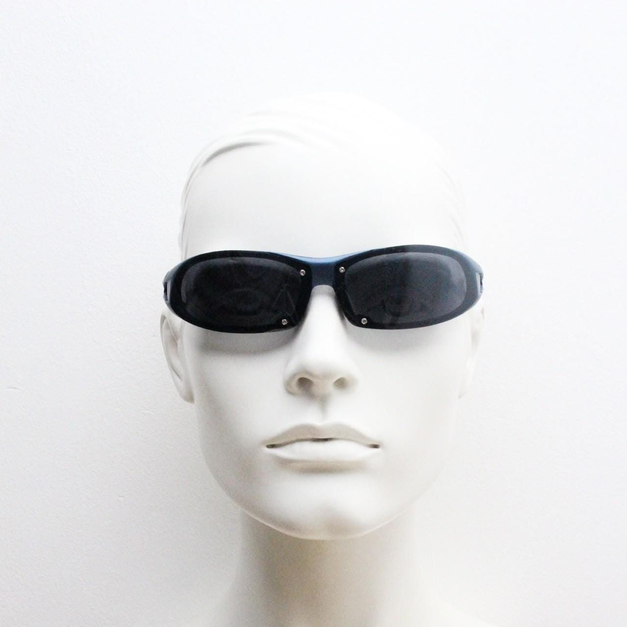 Y2k vintage shield sunglasses. Aerodynamic wrap around matt finish frame. Sport visor. Low profile rave bug eye mask. 2000's. 90s NOS