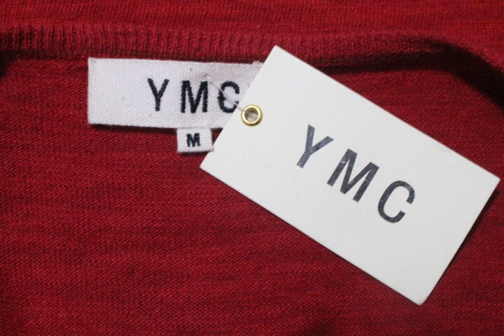 YMC vintage knit jumper in red and white stripes. Mens 3 button round neck sweater. BNWT. Designer pullover. One off NOS sample. Breton