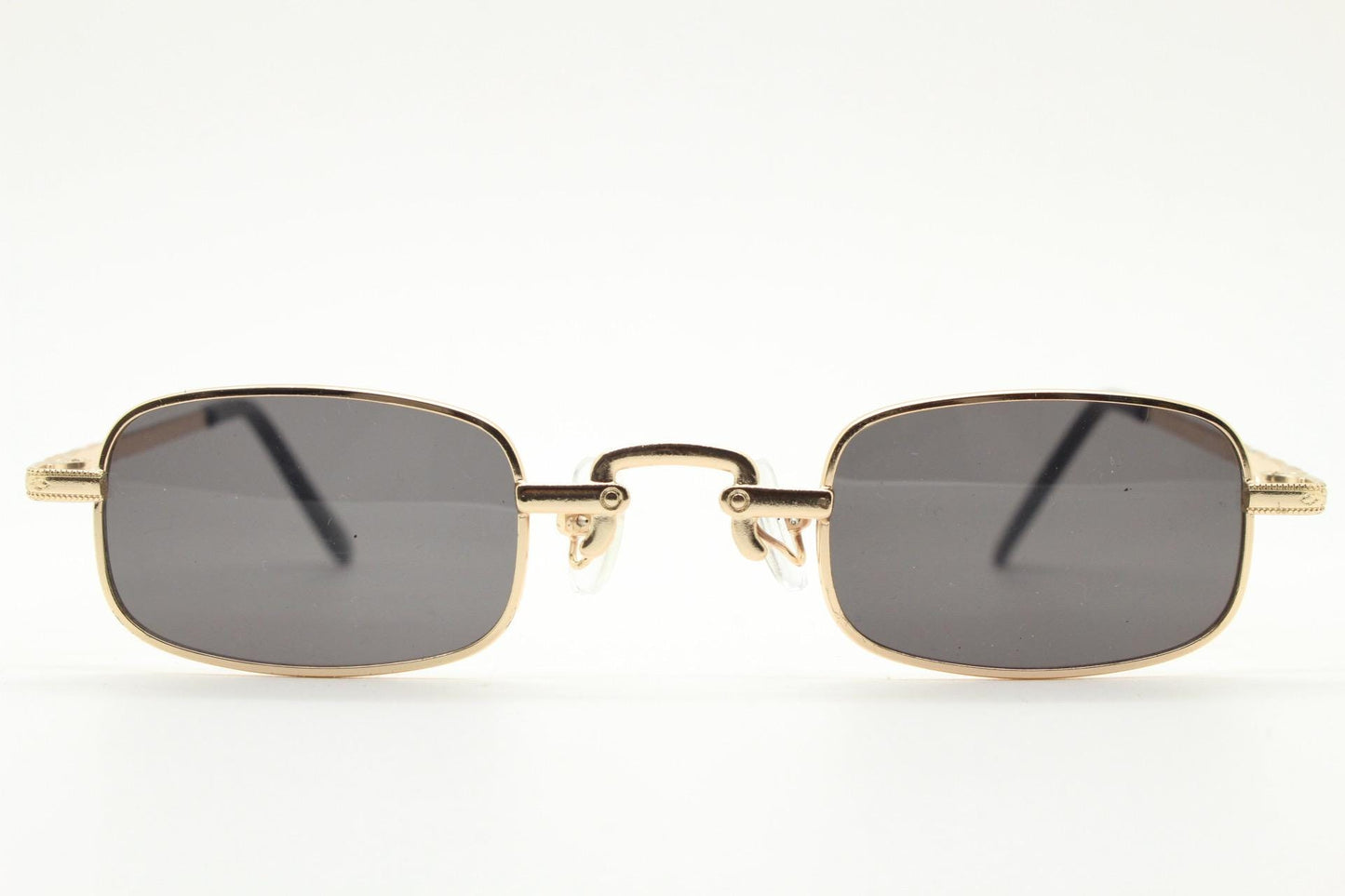 90s vintage small rectangular sunglasses. Imposing minimal gold metal victorian style frame with black lenses. Steampunk. Unused BNWT