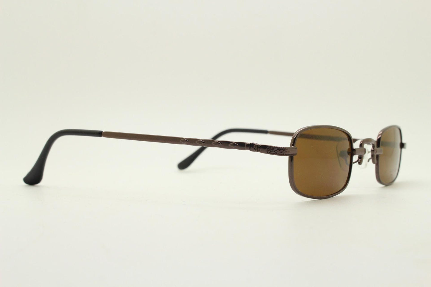 90s vintage small rectangular sunglasses. Imposing minimal brown chrome victorian style frame with matching lenses. Steampunk. Unused NOS