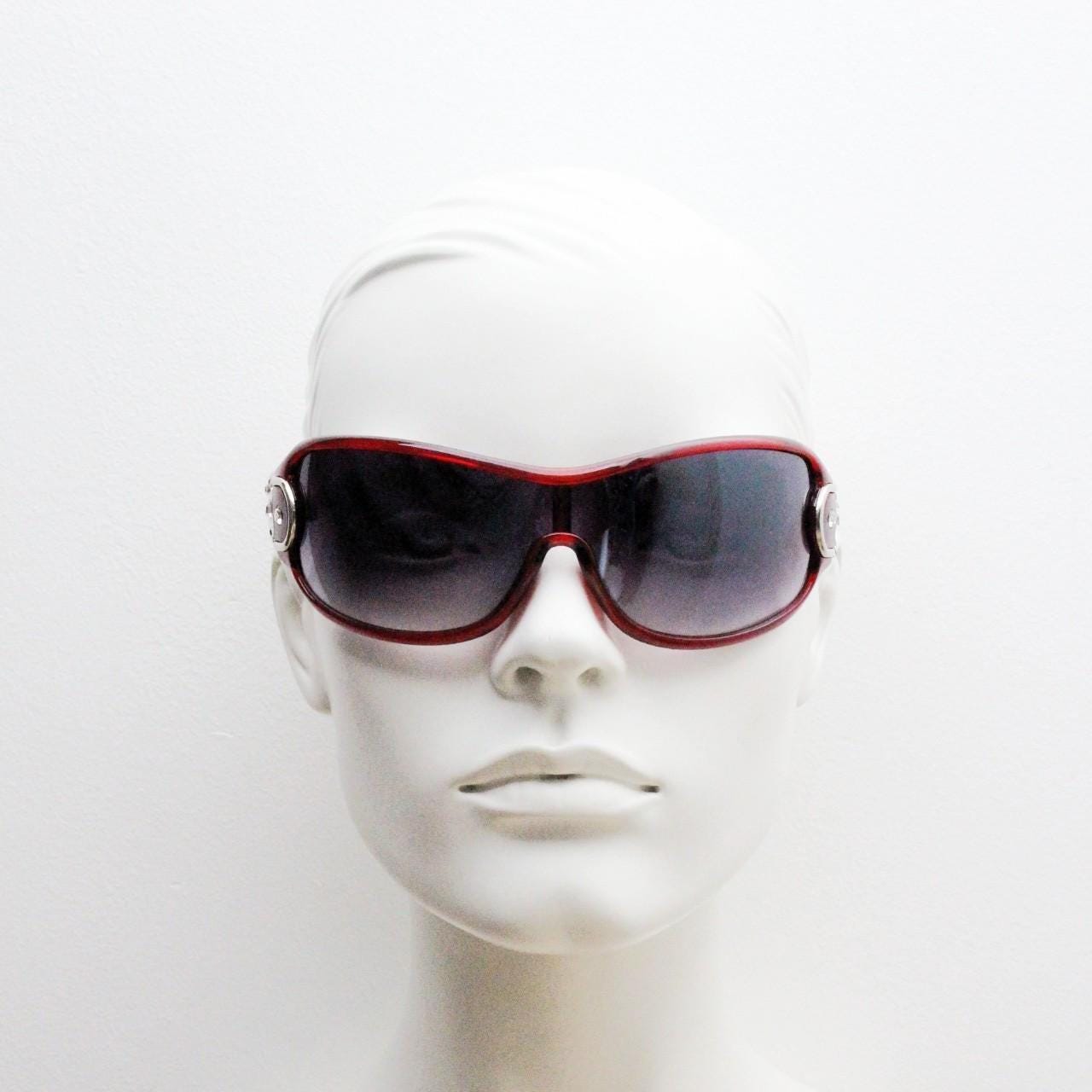 Y2K vintage visor sunglasses. Red massive mask mono lens wrap around with diamantes. Ghetto fabulous bling shield. 2000s NOS. Rhinestone