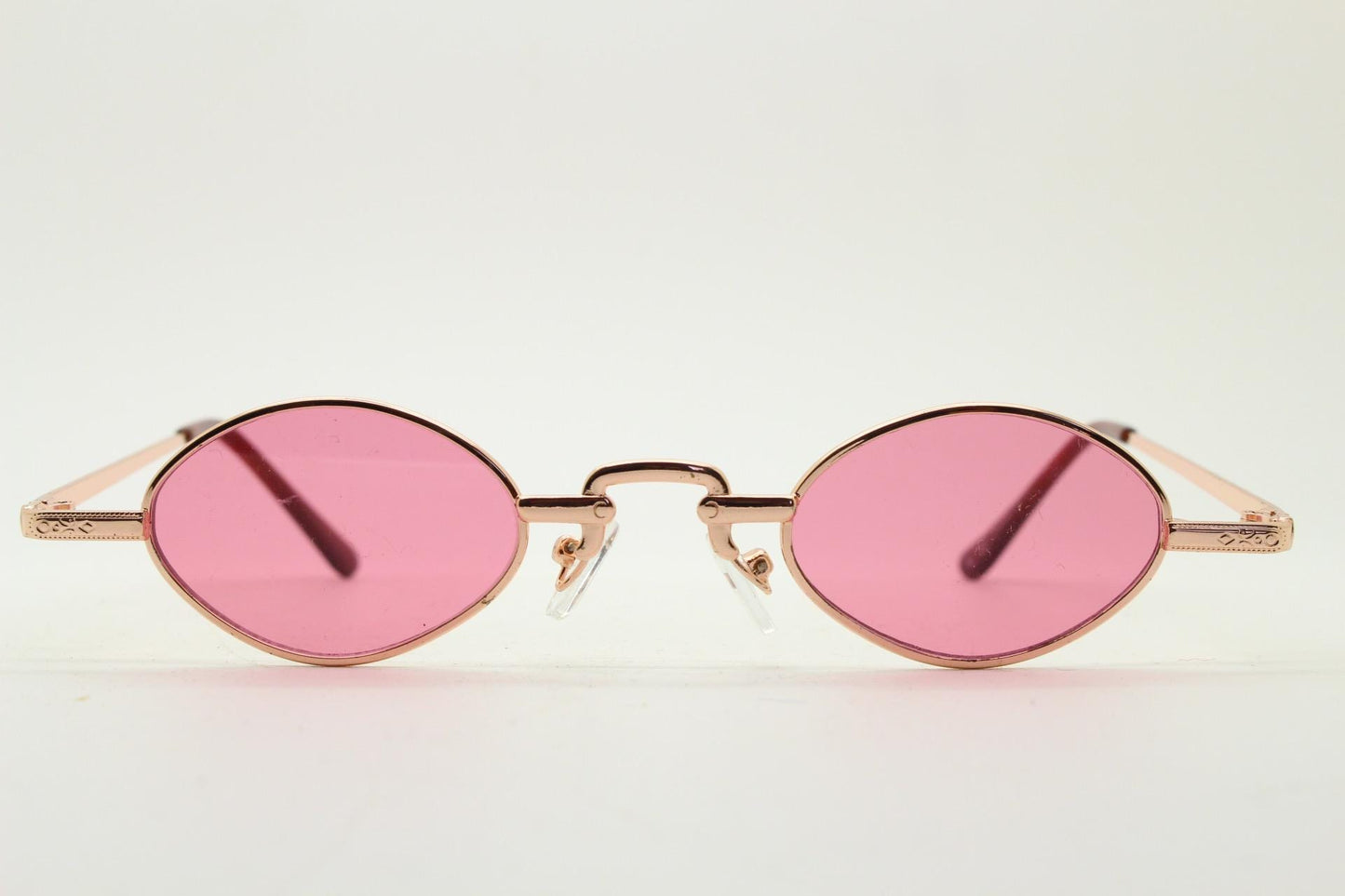 90s vintage small oval sunglasses. Imposing minimal rose gold metal victorian style frame with shocking pink lenses. Steampunk. BNWT