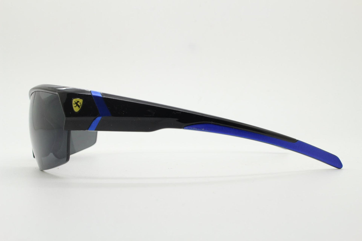 Y2K vintage sport shield sunglasses. All black wraparound aerodynamic visor with blue arm detail. 2000's. 90s. Unused NOS