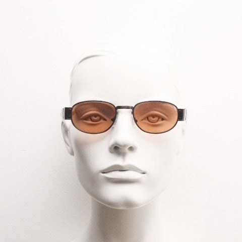90s vintage low profile sunglasses. Brown chrome frame with thick transparent amber arms and orange lenses. Unused. BNWT
