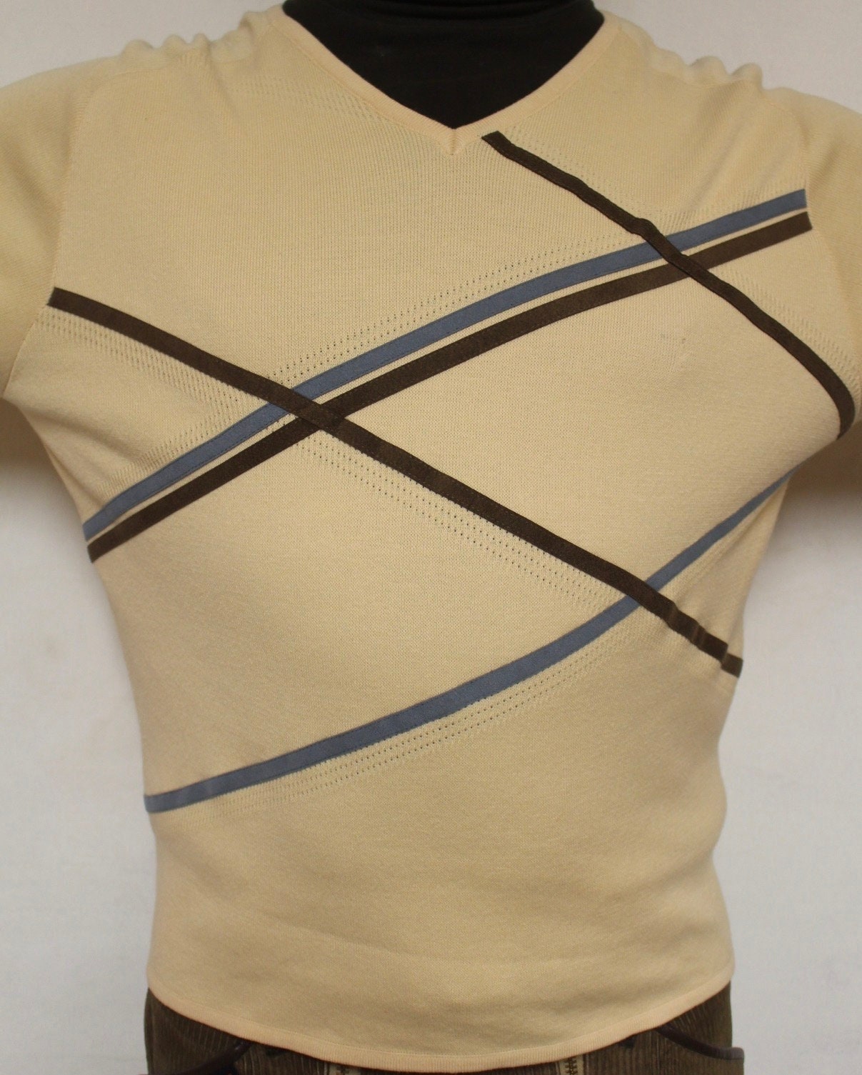 Gabicci vintage cotton knit argyle jumper in yellow with brown stripes. Mens crew neck sweater. BNWT. Round neck pullover