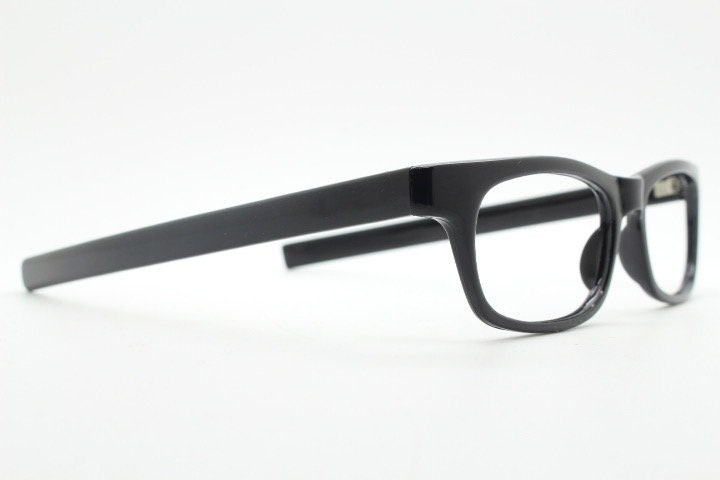 90s vintage black eye glasses. 60s design low profile rectangular straight arm optical frames. Prescription eyeglasses. RX Spectacles. NOS