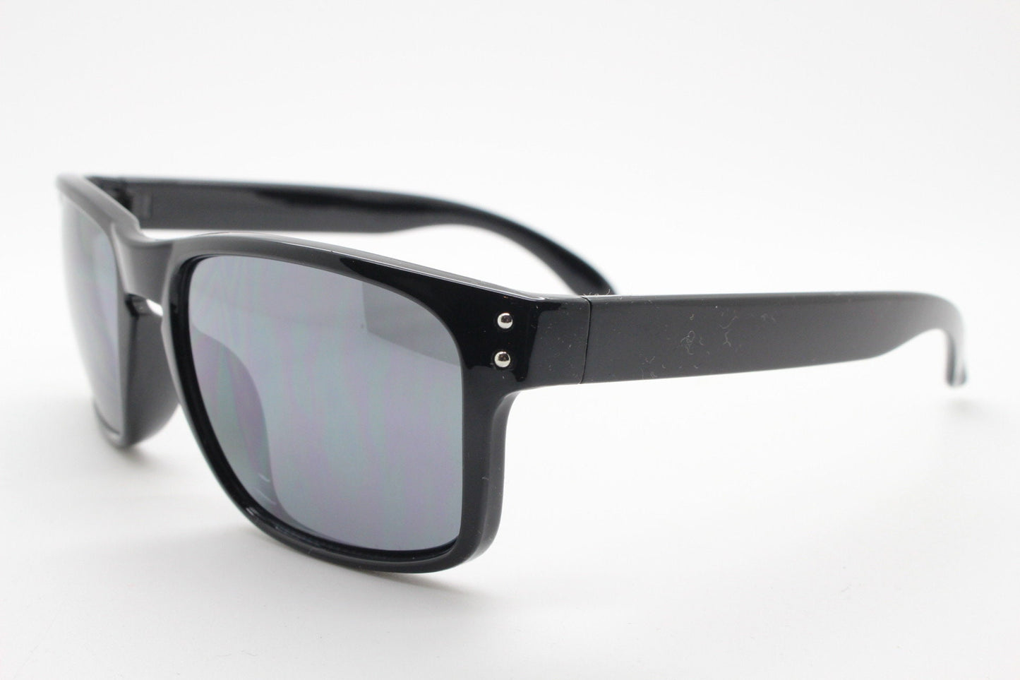 Y2K vintage rectangular sunglasses. Large curved mens black gloss frame with dark grey lenses. NOS