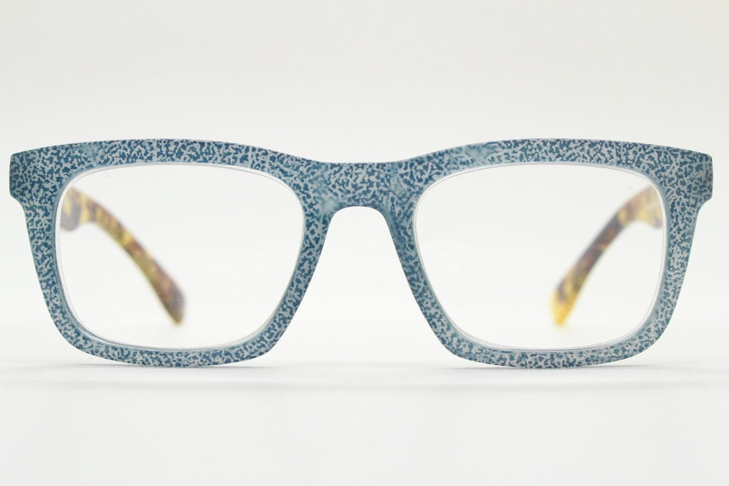 Rectangular Y2K horn rim eye glasses. Contrasting tortoise arms and speckled blue denim look optical frames. Prescription vintage spectacles