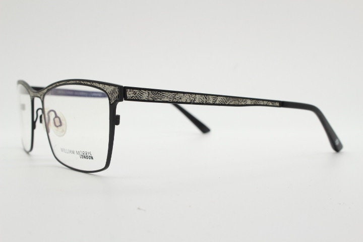 William Morris London rectangular eye glasses. Black matt flat metal optical frames with ornate silver pattern. Prescription RX eyeglasses.