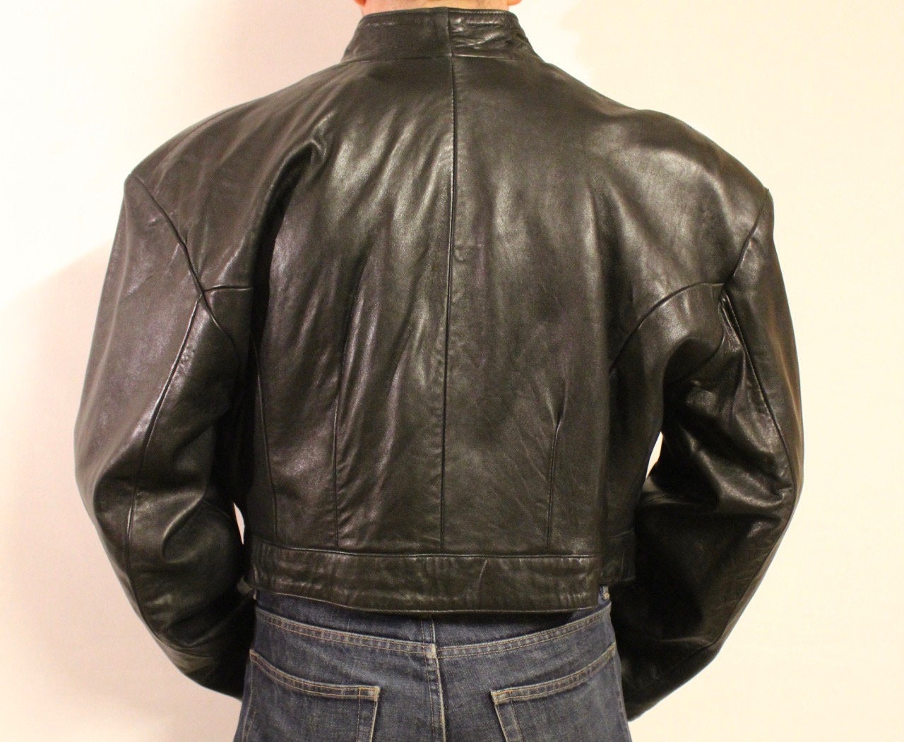 Hi-Tech 90s vintage black leather jacket. Made in England. Cropped oversized blouson design. Double breasted with chrome metal