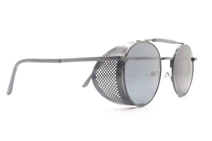 90s vintage round goggle sunglasses. All metal plain black frame with folding perforated side blinkers. Spoilers. Steampunk. Cosplay. NOS