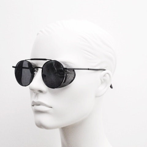 90s vintage round goggle sunglasses. All metal plain black frame with folding perforated side blinkers. Spoilers. Steampunk. Cosplay. NOS