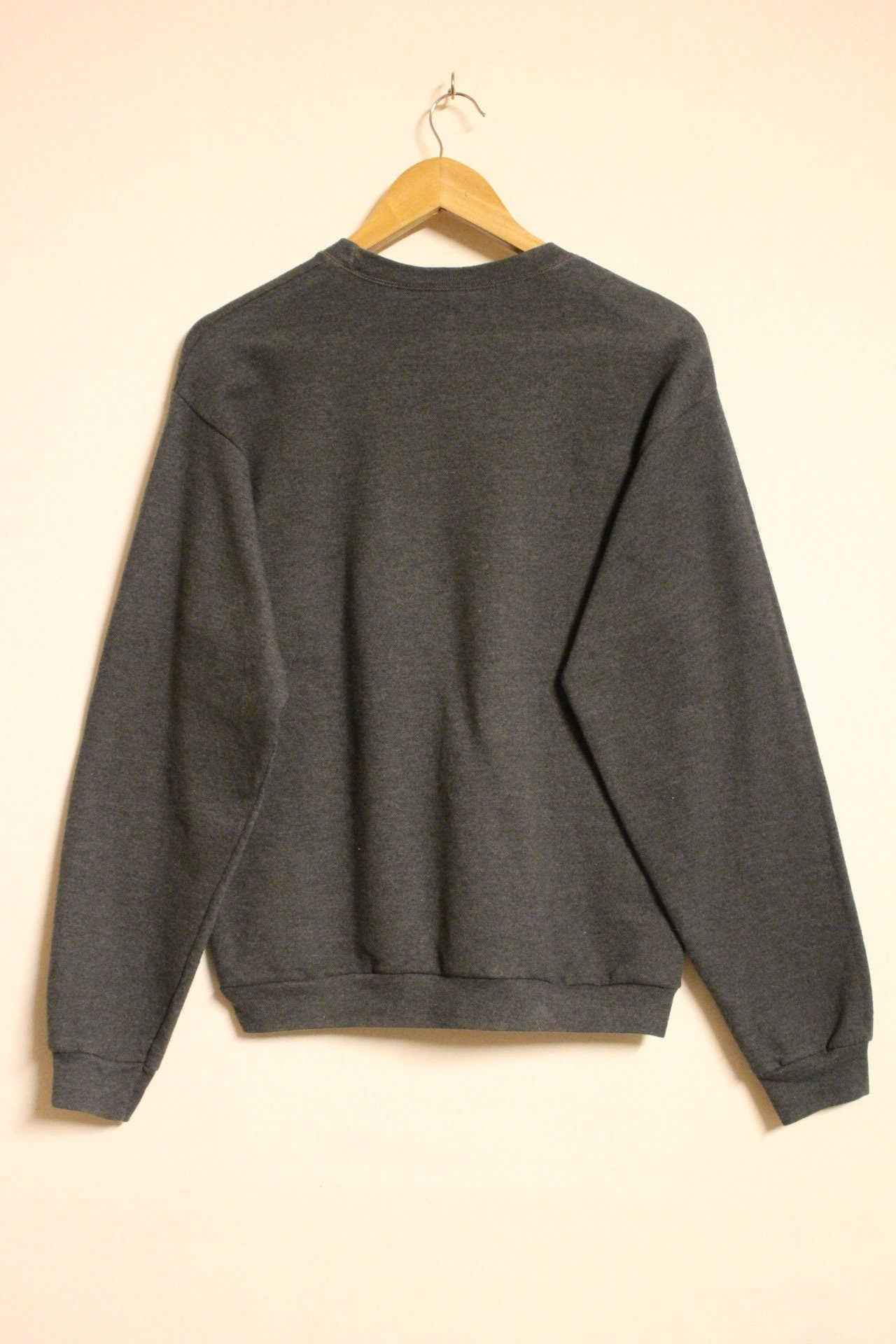 Customised Hanes vintage sweatshirt. Grey fitted crew neck pullover with camouflage panel. Round neck cammo jumper. Mens S