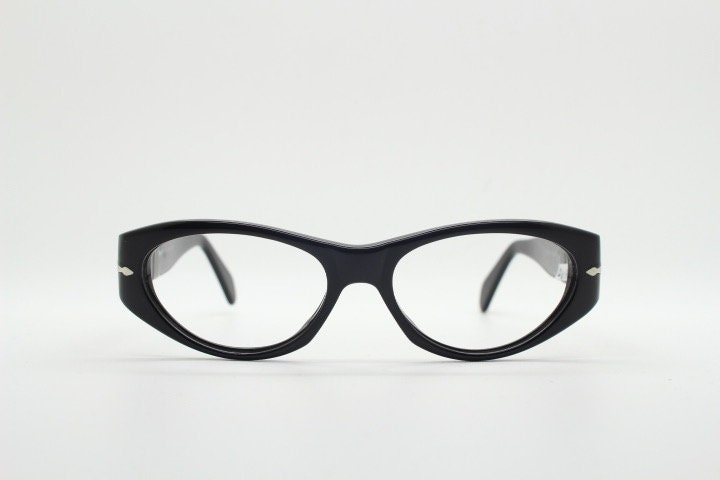 Persol cropped cat eye glasses. Plain Black gloss chunky acetate optical frame with big arms. Prescription eyeglasses. RX spectacles