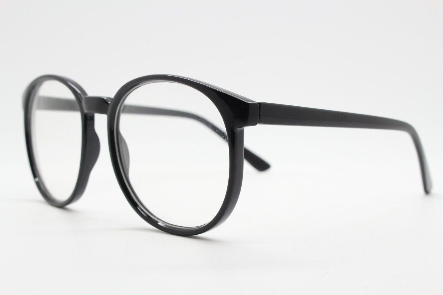 80s vintage black round glasses. Slightly oversized optical frames. Prescription eyeglasses with clear lens. RX spectacles