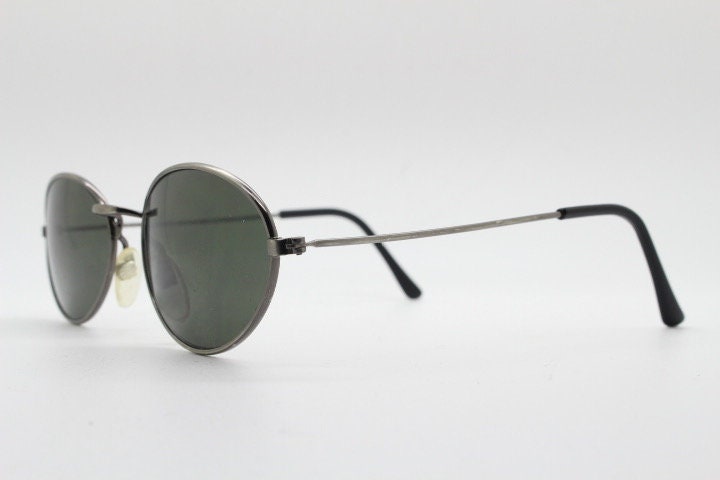 90s vintage metal oval sunglasses. Minimal brushed bronze finish brown frame with plain green lenses. Steampunk. Unused NOS
