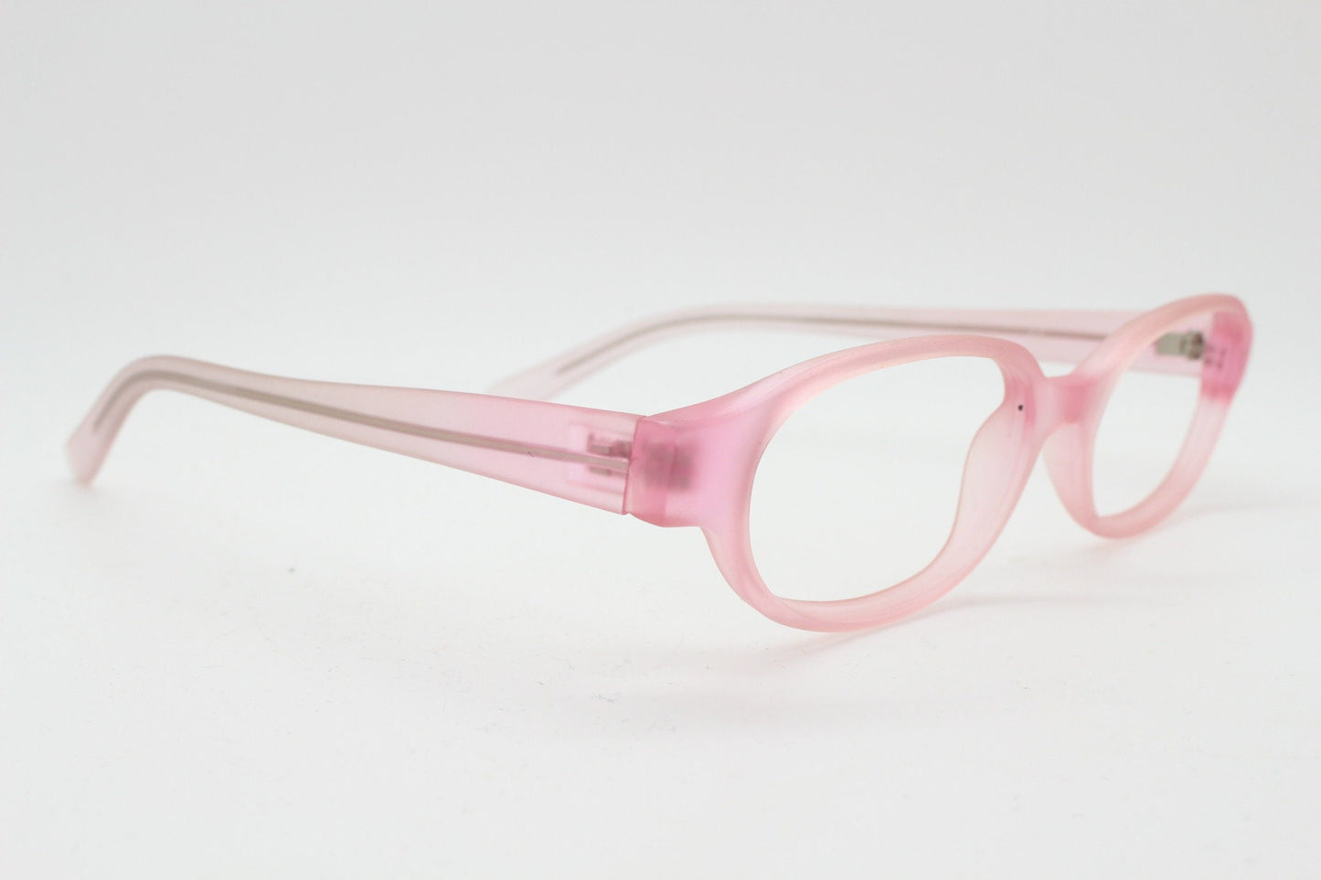 90s vintage rectangular low profile glasses. Transparent pink frosted finish optical frames. Prescription eyeglasses. RX Spectacles