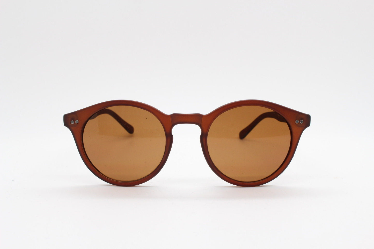 90s vintage small round sunglasses. 30s, 20s design brown frame in a rubber finish with matching warm brown lenses. BNWT