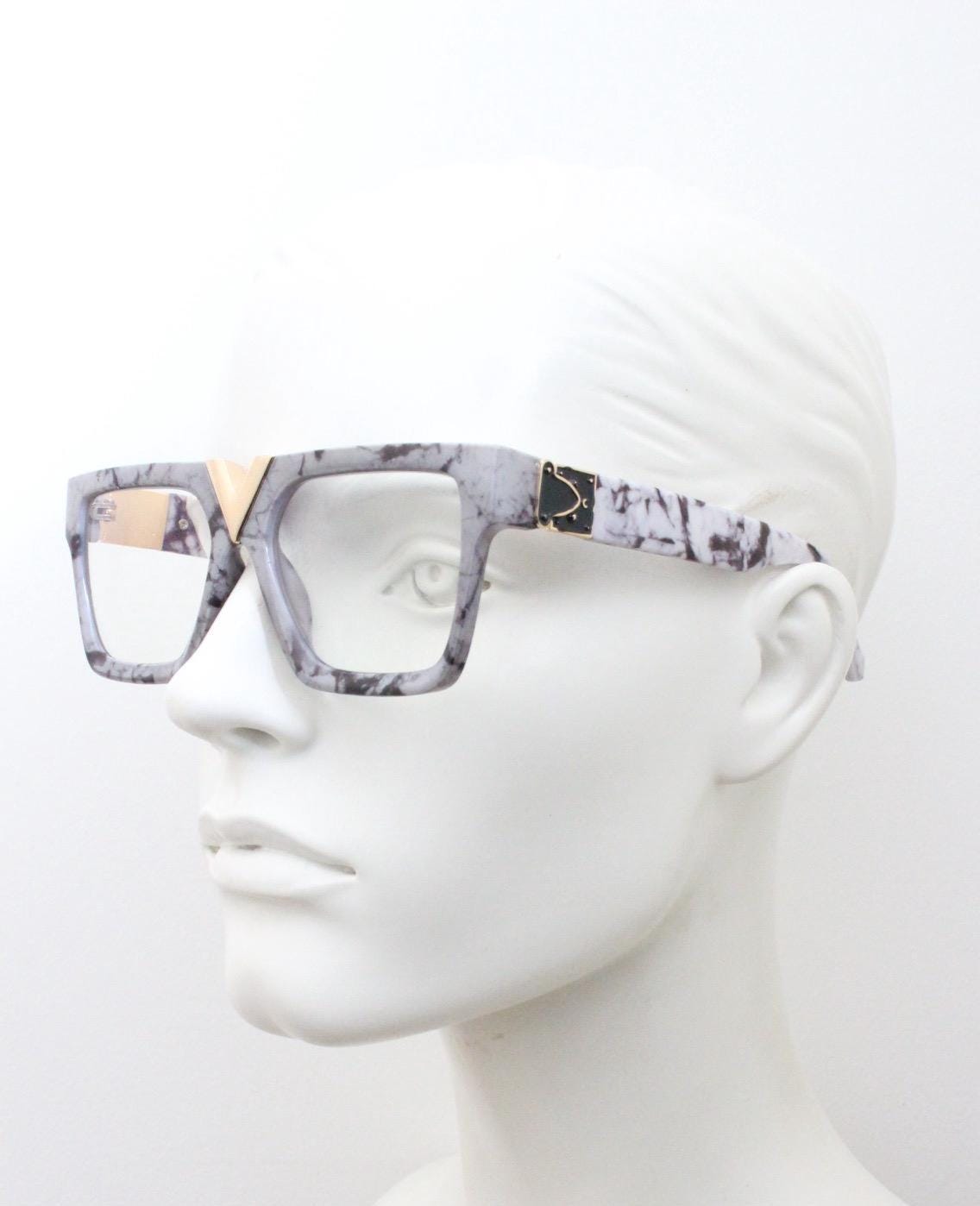 Grey marble flat top oversized eye glasses. Extreme fashion statement chunky optical frame with V bridge. Prescription. Vintage. RX NOS