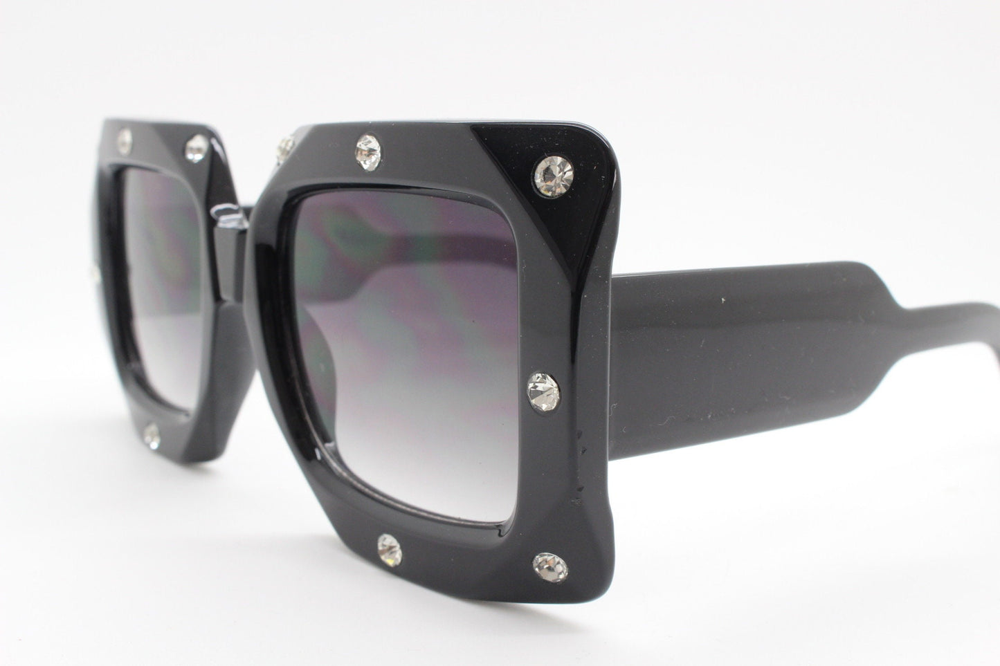Y2K vintage oversized square diamante sunglasses. Blockbuster women's thick black frame with big rhinestones and smoky lenses. 2000s. BNWT