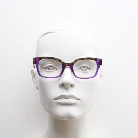 Anne et Valentin rectangular eye glasses made in France model 1330. Marbled tortoise acetate optical frame with purple tone. Prescription RX