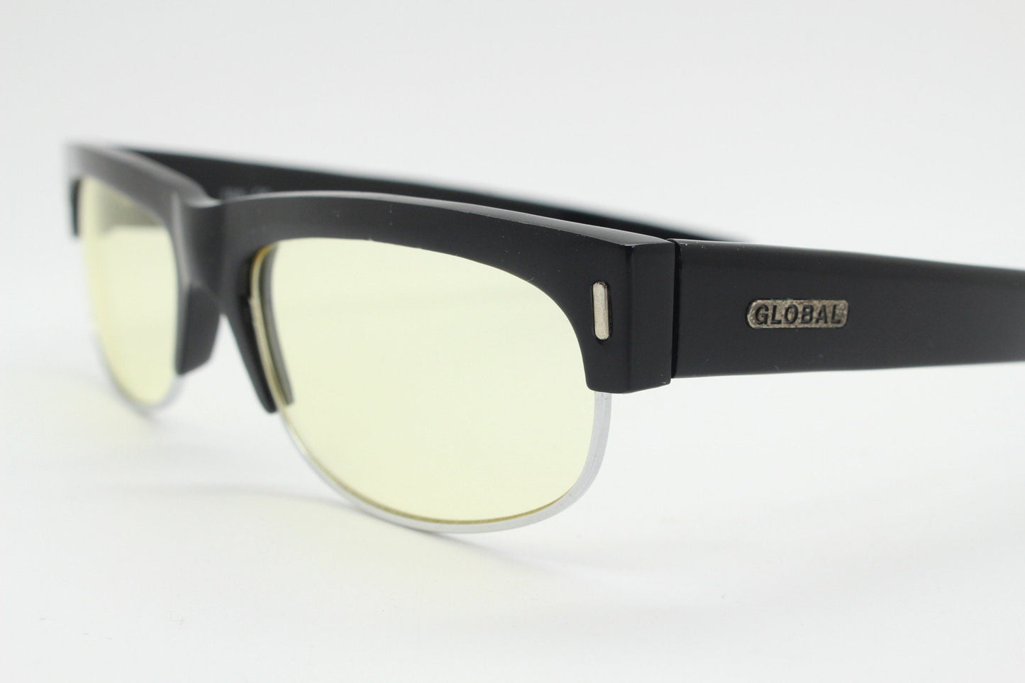 90s vintage half frame glasses. Black gloss low profile flat top design with straight arms and clear lenses. Unused NOS