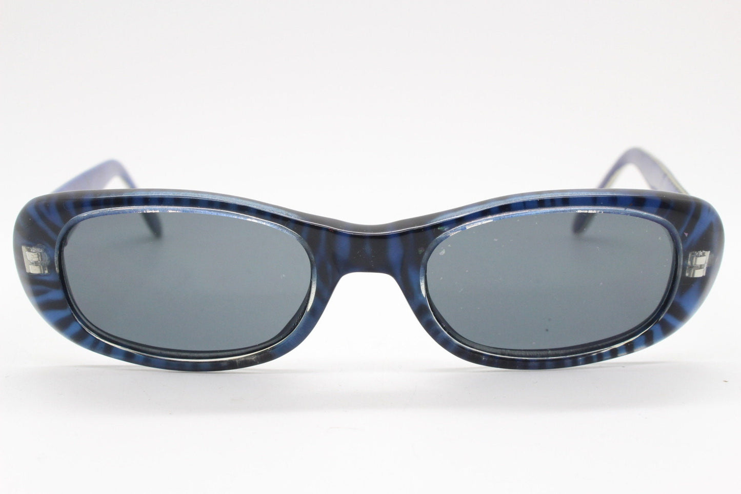 90s vintage rectangular sunglasses. Unbelievable blue tiger print low profile frame with black lenses. Y2K unused NOS. 2000s