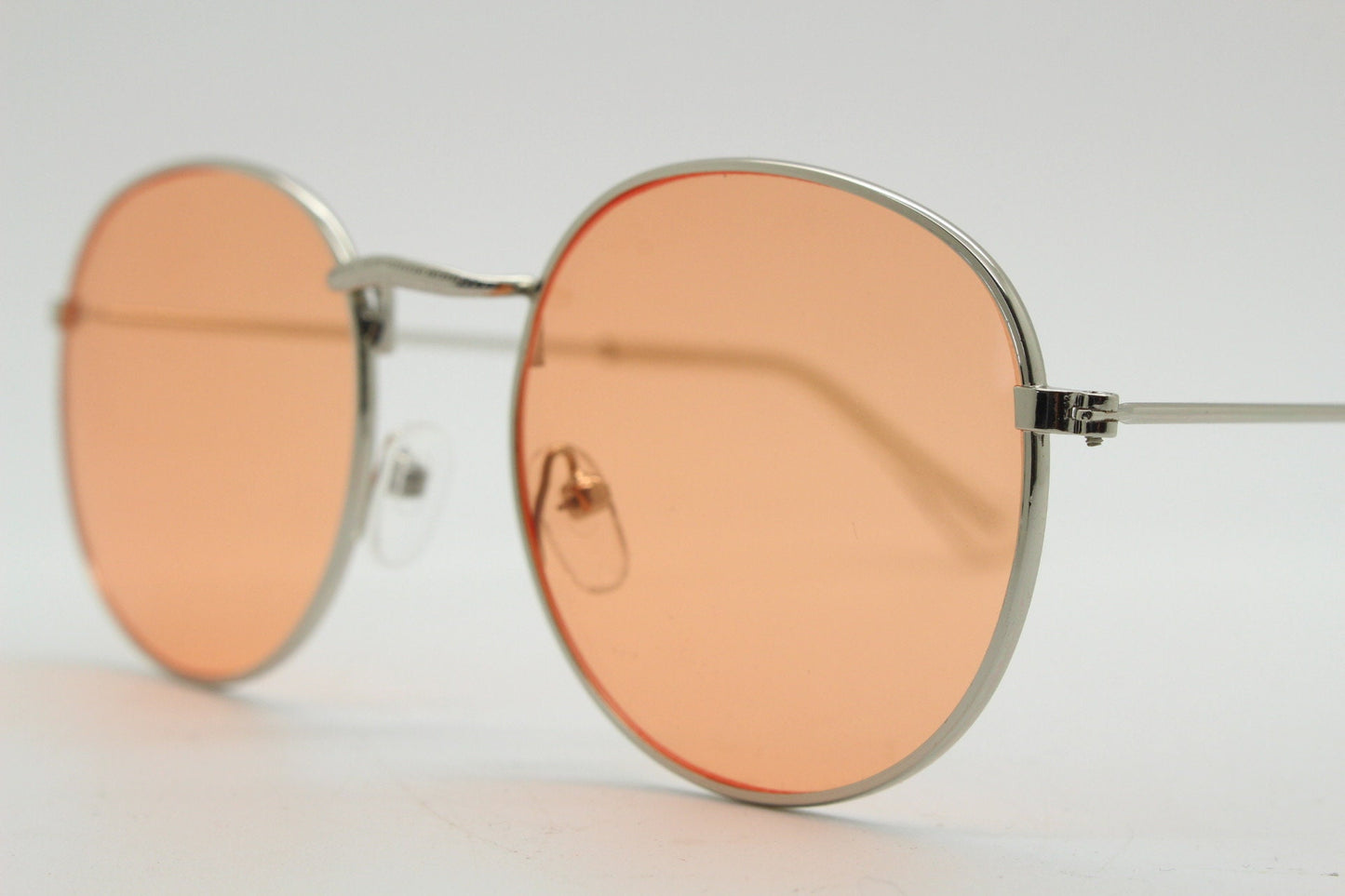 90s vintage round metal sunglasses, 60s style silver frame with blazing orange lenses. Unused. BNWT. Panto