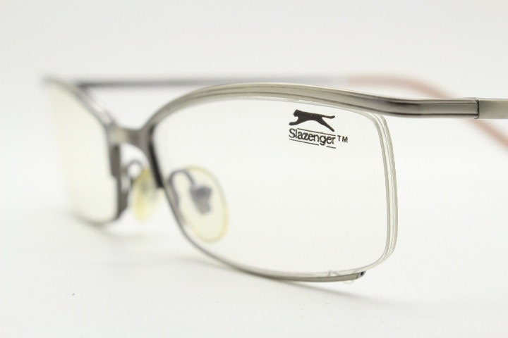 Slazenger 90s vintage rectangular eye glasses. Minimal low profile tech style optical frame in satin finish pewter look. Prescription RX