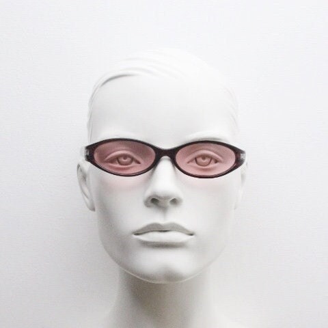 90s vintage abstract oval sunglasses. Thick curve around pink frame with psychedelic light pink lenses. Super villain mini mask. Cosplay NOS