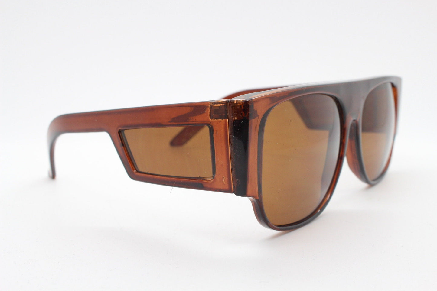 Y2K vintage rectangular side panel sunglasses. Brown transparent frame with matching lens tone blinkers. 2000s NOS unused goggle