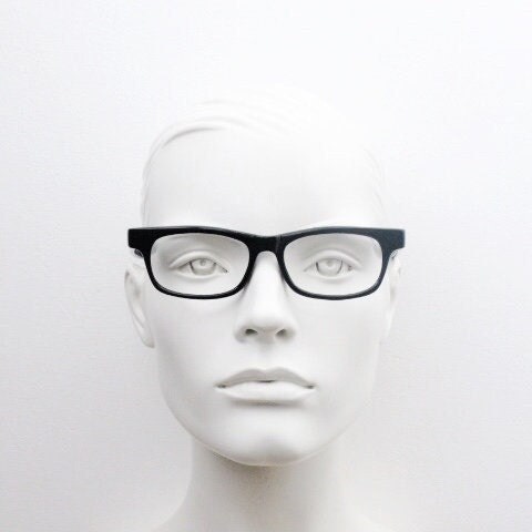 90s vintage black eye glasses. 60s design low profile rectangular straight arm optical frames. Prescription eyeglasses. RX Spectacles. NOS