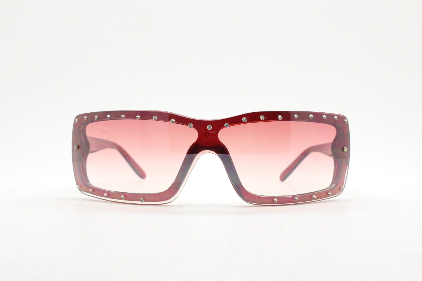 Y2K vintage shield sunglasses with diamante. Red wrap around mini mask style with curved mono lens. 2000s unused NOS. Visor