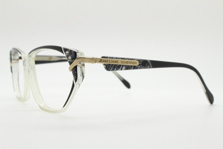 Jean Louis Scherrer 80s vintage cat eye glasses made in France. marbled grey / clear acetate optical frame. Diamante RX prescription cateye