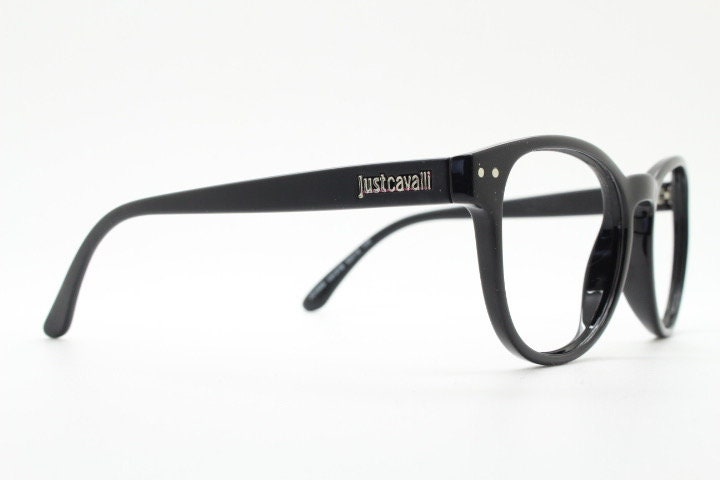 Just Cavalli vintage round eye glasses. Black gloss acetate optical frames with keyhole bridge. Prescription RX spectacles