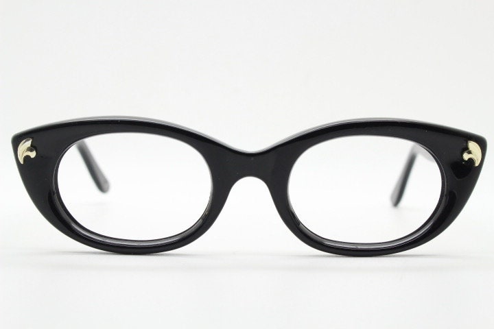 Kirk Originals cat eye glasses. Womens small black gloss acetate optical frames. Prescription RX eyeglasses. NOS. Rockabilly pin up