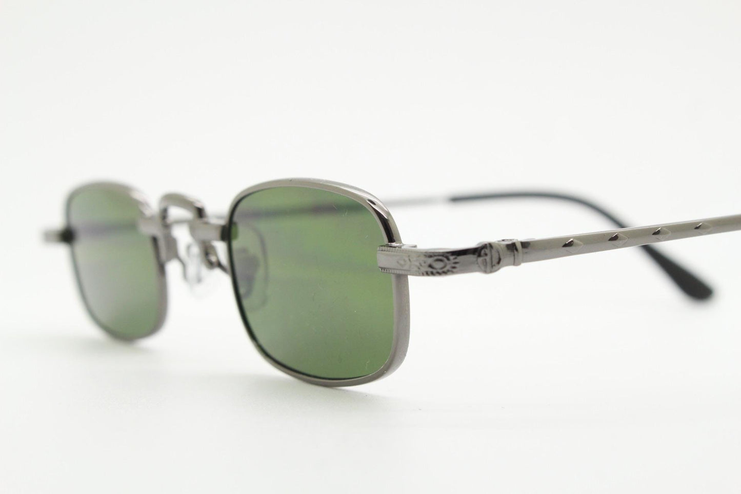 90s vintage small rectangular sunglasses. Imposing minimal gunmetal grey victorian style frame with green lenses. Steampunk. Unused NOS