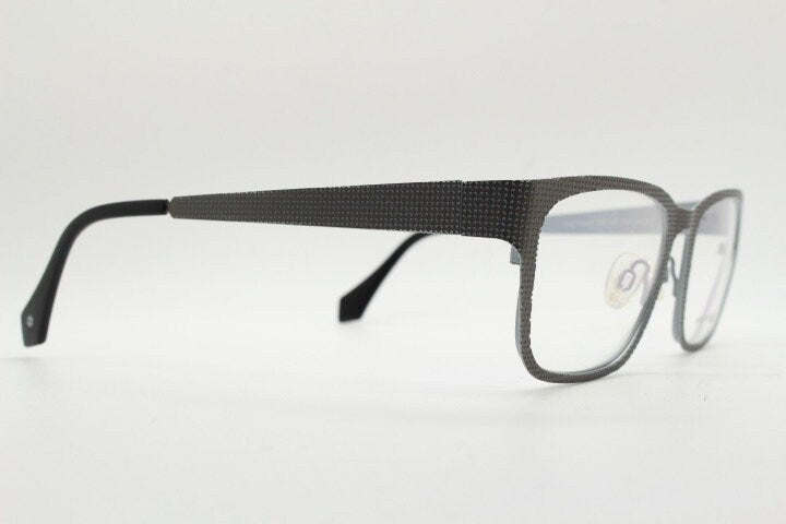 William Morris London rectangular eye glasses. Grey flat metal optical frames with textured check surface. Prescription RX eyeglasses
