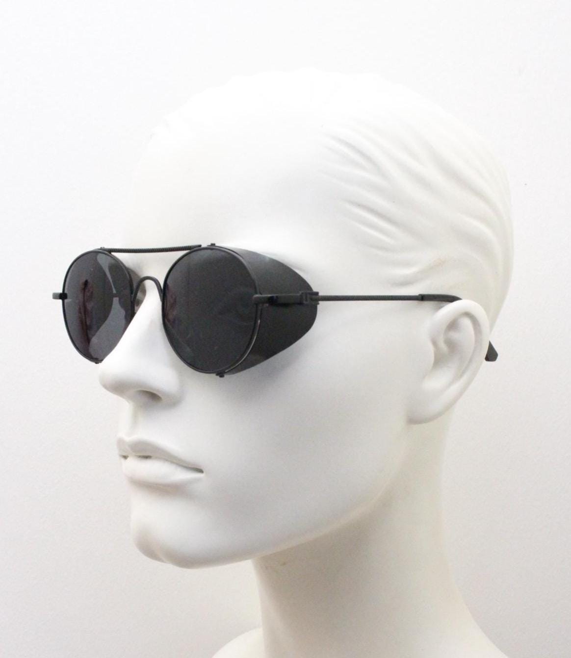 90s vintage round goggle sunglasses. All metal black satin frame with folding side blinkers. Spoilers. Steampunk. Cosplay. NOS