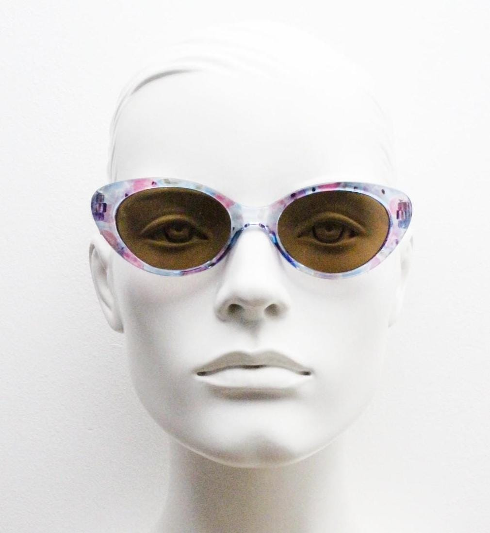 90s vintage oval cat eye sunglasses. Vibrant transparent multi coloured frame with mid tone brown lenses. 80s. NOS. BNWT