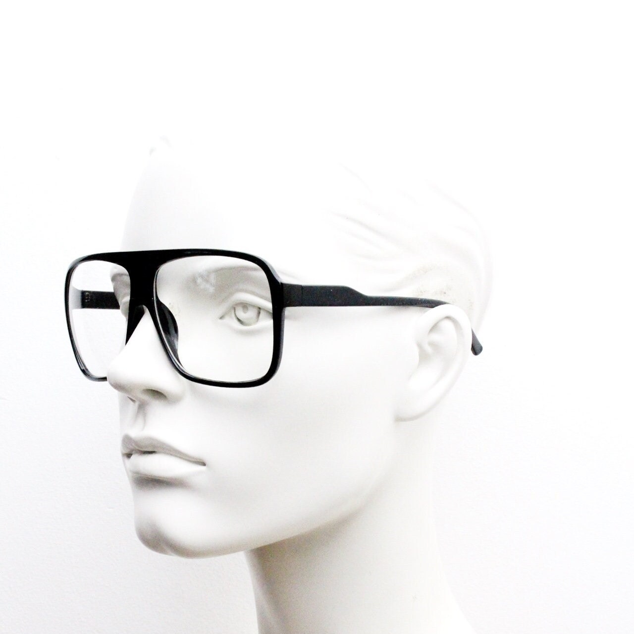 Y2K vintage square aviator glasses. 70s style black gloss optical frames. Mens aviators with clear lenses. Prescription eyeglasses. NOS