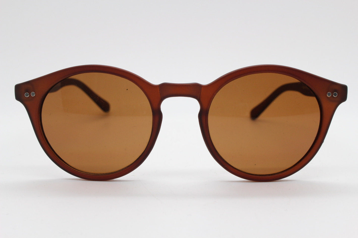 90s vintage small round sunglasses. 30s, 20s design brown frame in a rubber finish with matching warm brown lenses. BNWT
