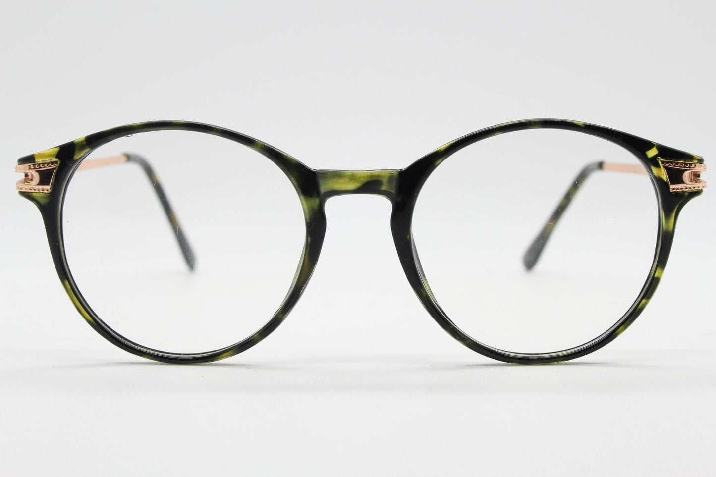 90s vintage round glasses with tortoise front and gold embossed arms. 40s, 50s style prescription optical frames. Clear lens eyeglasses. RX