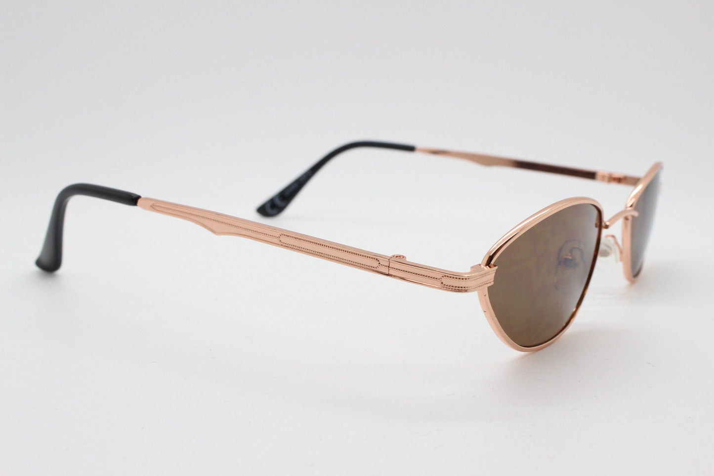 90s vintage low profile angular sunglasses. Minimal small rose gold metal frame with brown lenses, Unused. BNWT