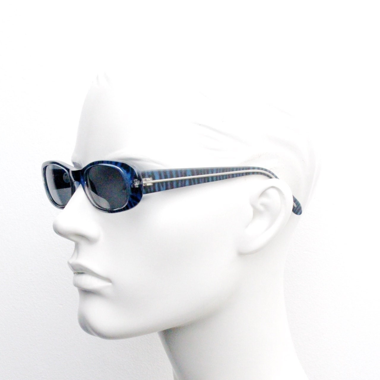 90s vintage rectangular sunglasses. Unbelievable blue tiger print low profile frame with black lenses. Y2K unused NOS. 2000s