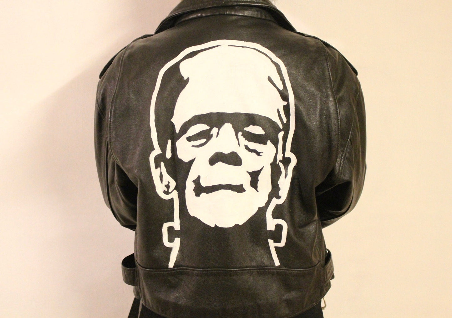 80s Vintage black motorcycle jacket with hand painted Frankenstein. Genuine leather biker with unique one off Boris Karloff design