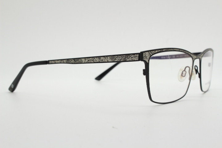 William Morris London rectangular eye glasses. Black matt flat metal optical frames with ornate silver pattern. Prescription RX eyeglasses.