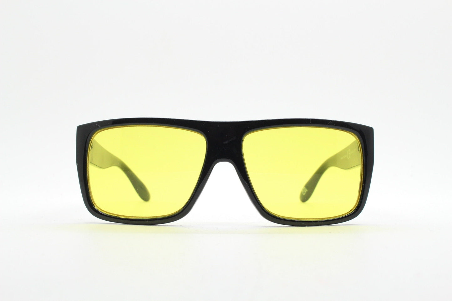 Y2K vintage square modified aviator sunglasses. Classic 70s style aviators in black gloss frame with bright yellow lenses. Unused NOS
